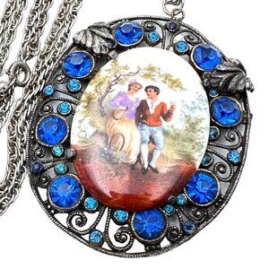 Antique Womens Necklace Vintage Porcelain Portrait Couple Rhinestone Pot Metal